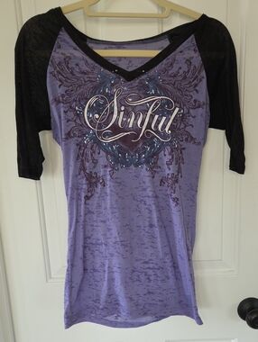 Sinful Purple Burnout V-Neck Raglan Tee with Black Sleeves